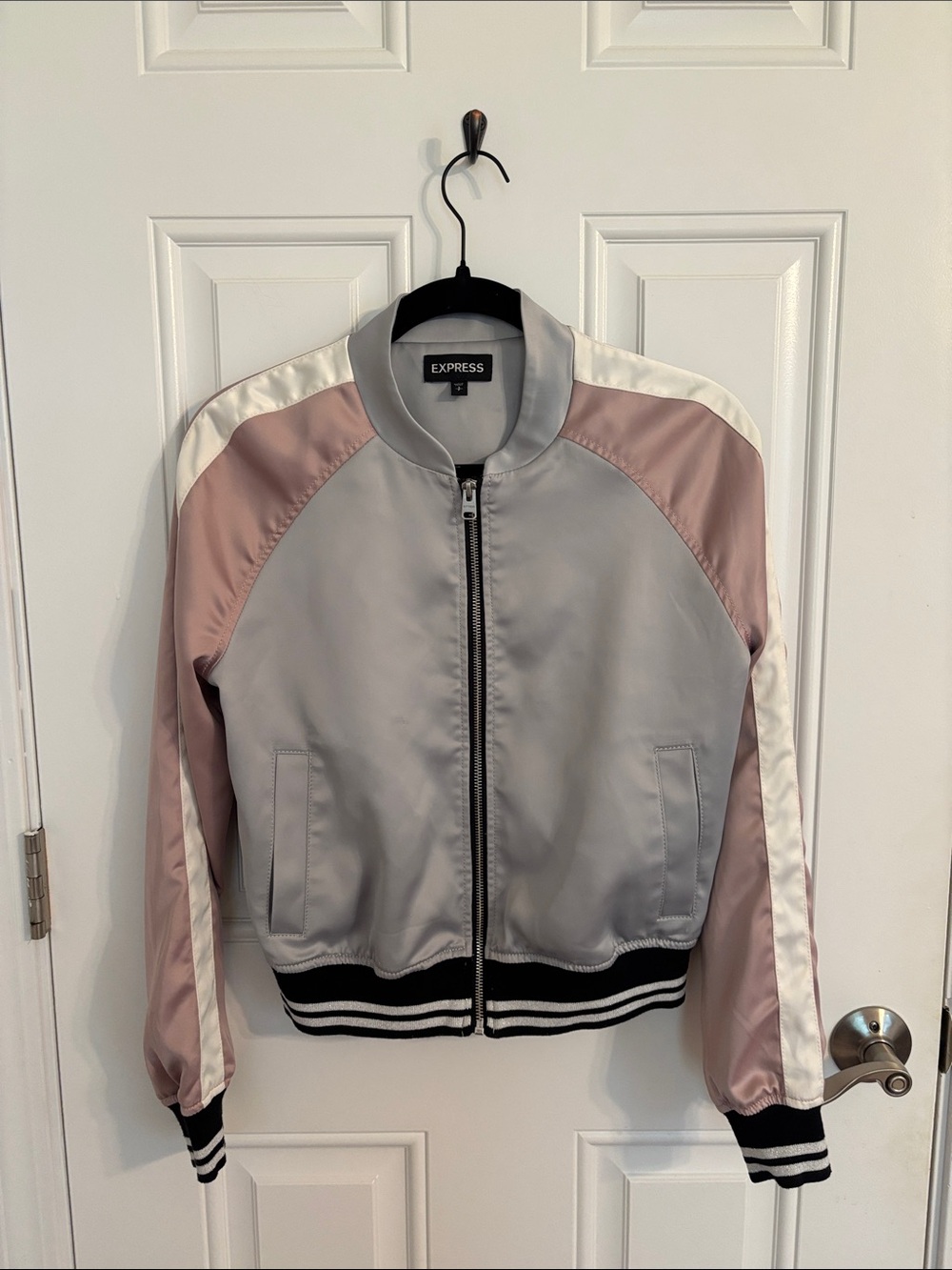 Express Satin Bomber Jacket - Light Gray & Blush Pink with White Trim